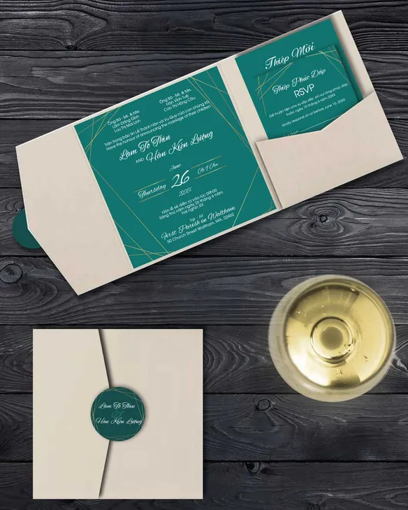 Emerald and Gold Lines 6 1/4 Square Himalaya Pocket Vietnamese & English Wedding Invitation