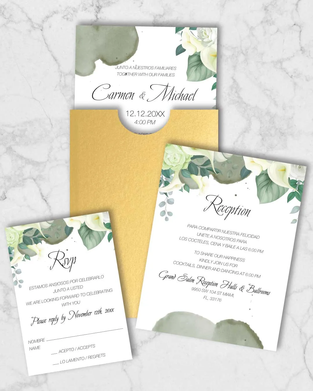 Watercolor Green Flowers A7 Sleeve Pocket Spanish & English Wedding Invitation