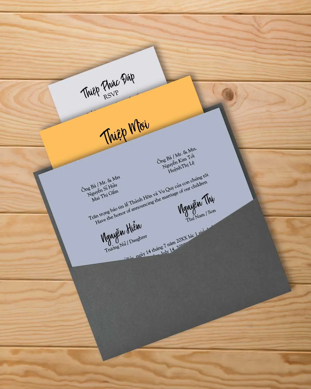 Solid Yellow and Blue 6 1/4 Square Denali Pocket Vietnamese & English Wedding Invitation
