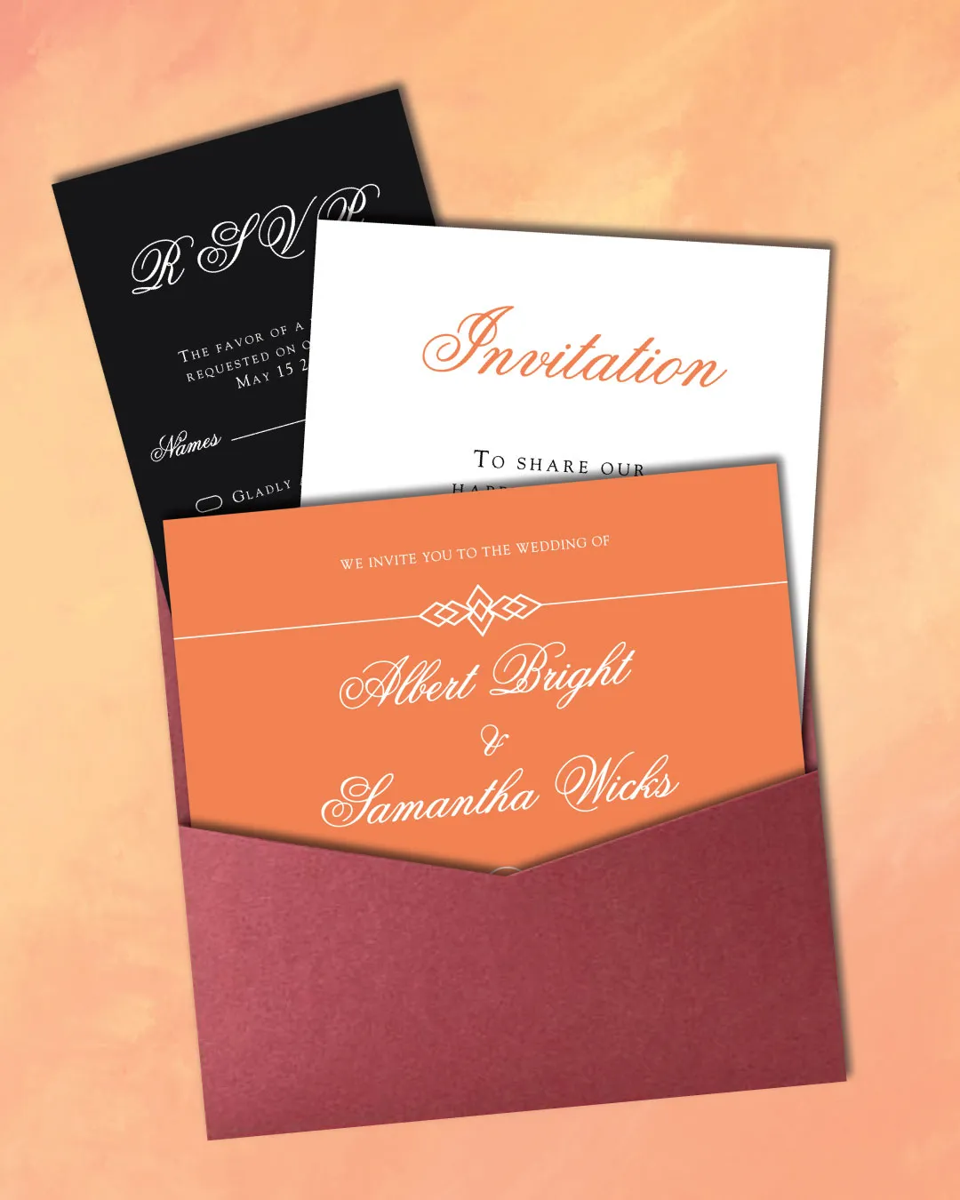 Orange And Black 6 1/4 Square Denali Pocket Wedding Invitation