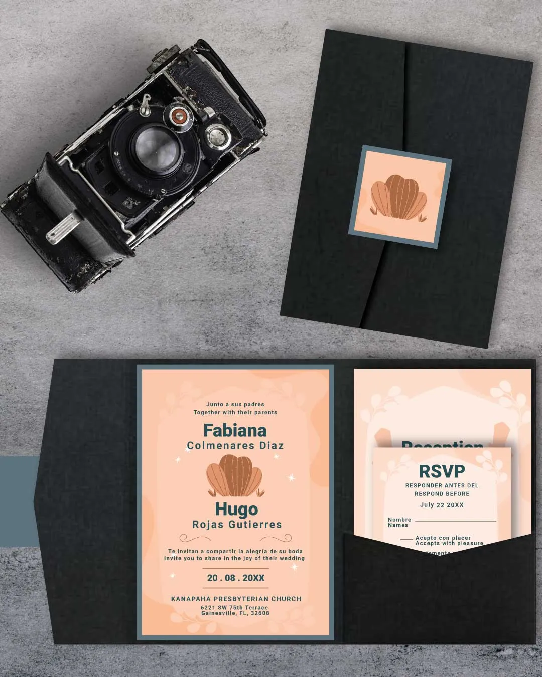 Desert Design A7.5 Himalaya Pocket Spanish & English Wedding Invitation