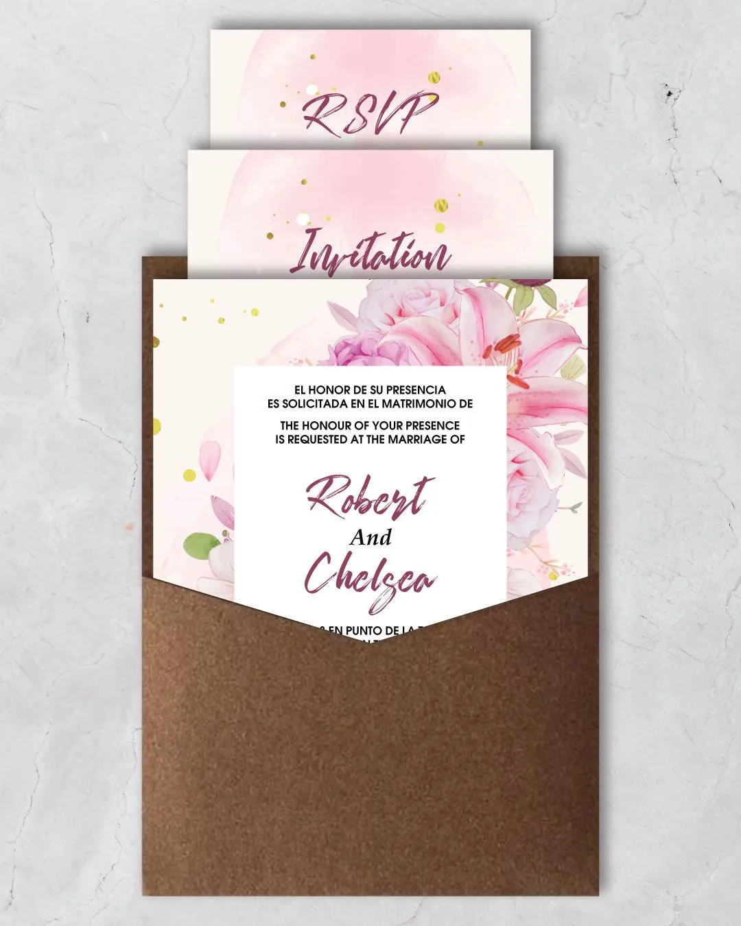 Very Beautiful Design A7 Denali Pocket Spanish & English Wedding Invitation