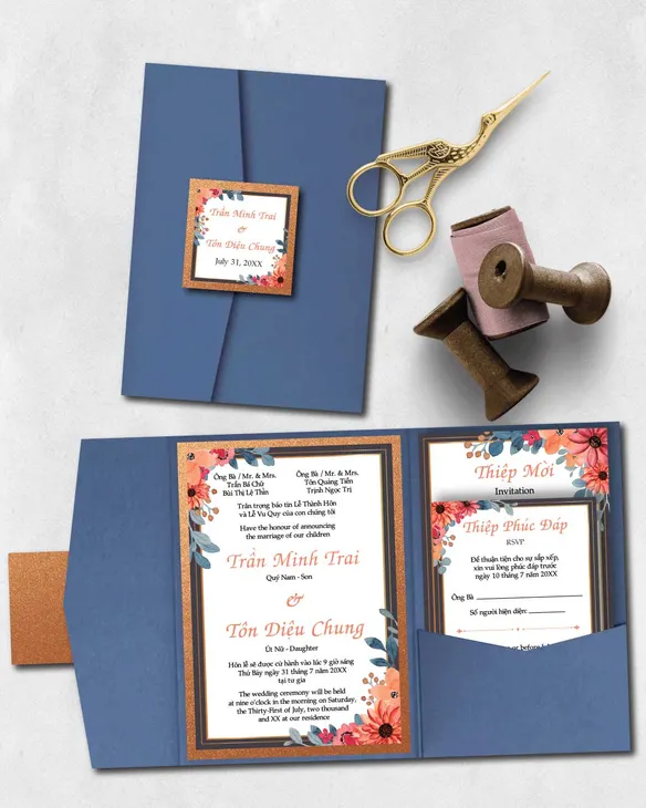 Black Frame Flowers A7 Himalaya Pocket Vietnamese & English Wedding Invitation