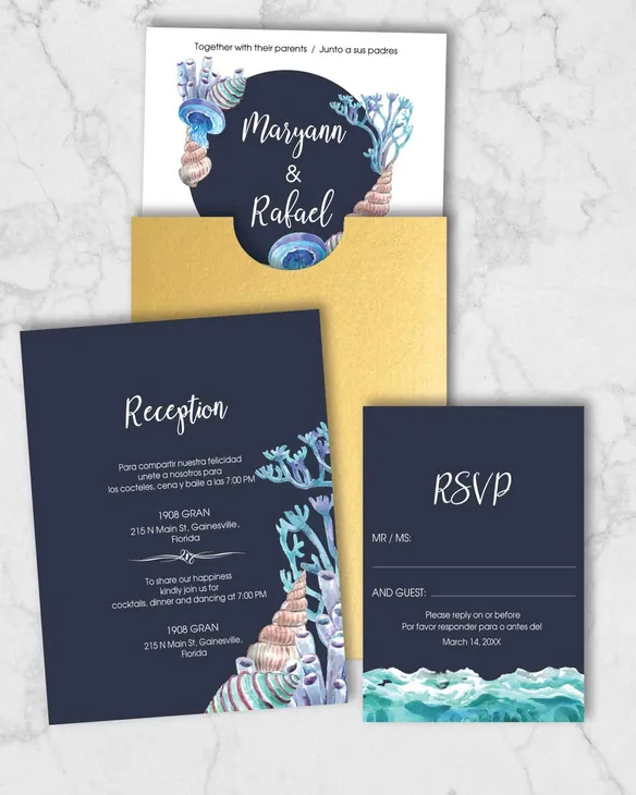 Ocean Marine Elements A7 Sleeve Pocket Spanish & English Wedding Invitation