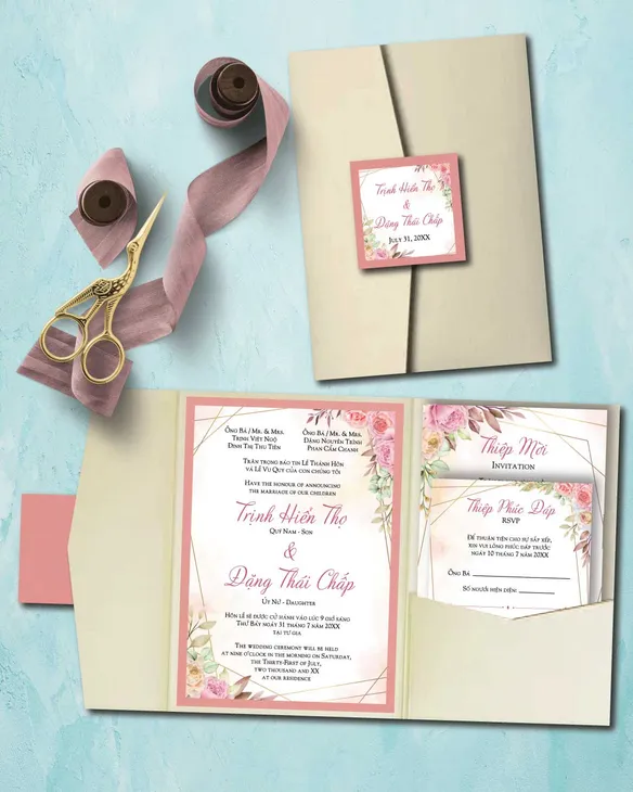 Pink Flower Burst A7 Himalaya Pocket Vietnamese & English Wedding Invitation