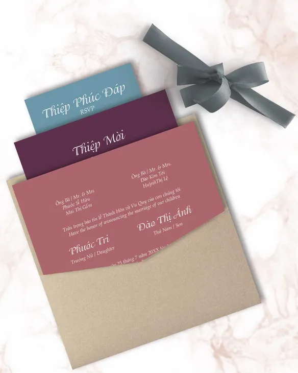Different Solid Shades 6 1/4 Square Denali Pocket Vietnamese & English Wedding Invitation