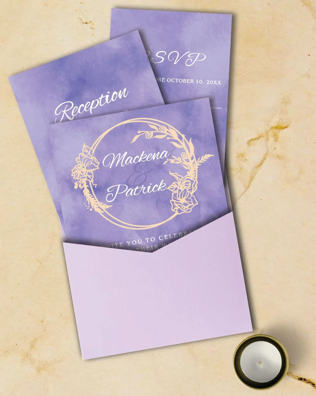 Purple Watercolor Frame A7 Denali Pocket Wedding Invitation