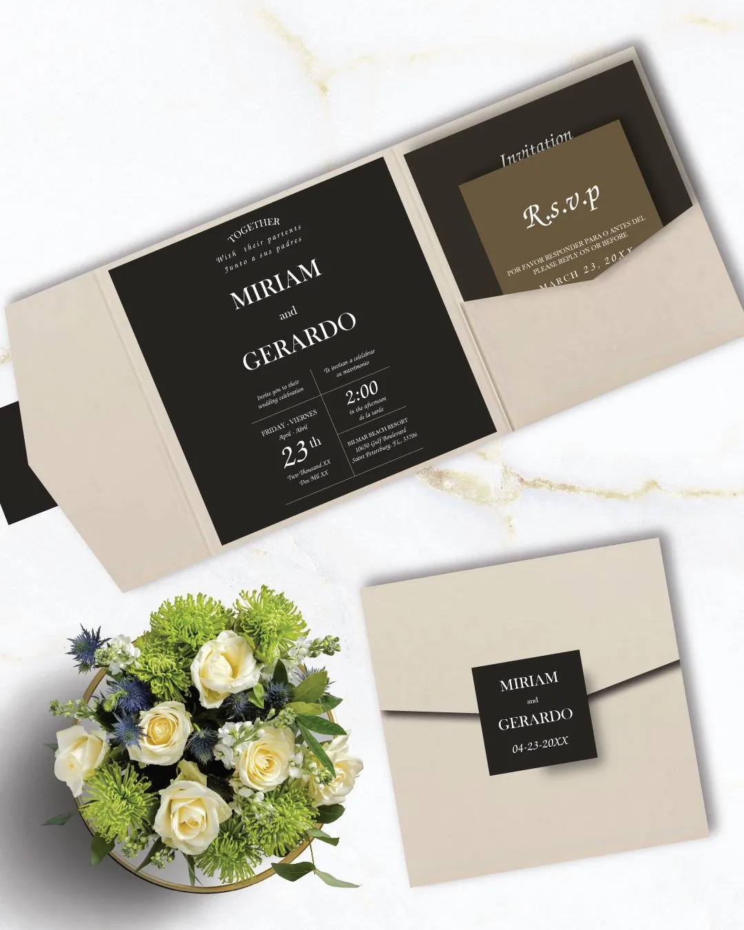 Opaque Solid Colors 6 1/4 Square Himalaya Pocket Spanish & English Wedding Invitation