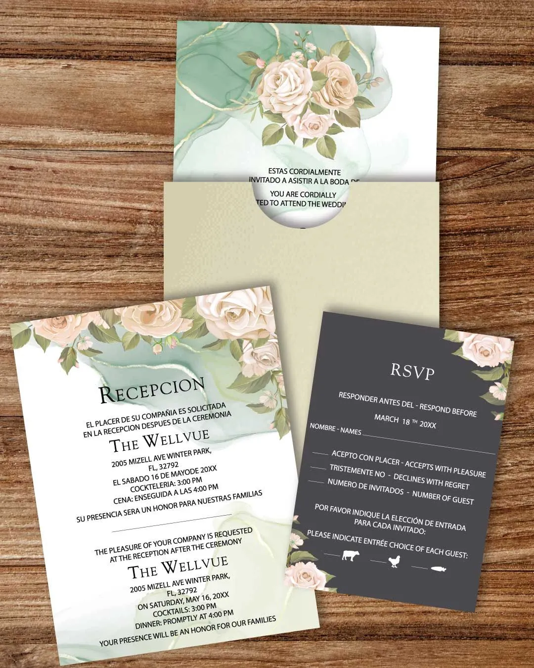 Elegant Floral Watercolor A7 Sleeve Pocket Spanish & English Wedding Invitation