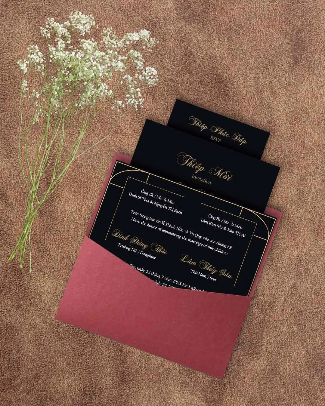 Geometric Black and Gold 6 1/4 Square Denali Pocket Vietnamese & English Wedding Invitation