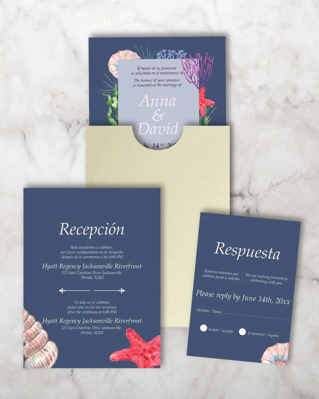 Ocean Marine Flora A7 Sleeve Pocket Spanish & English Wedding Invitation