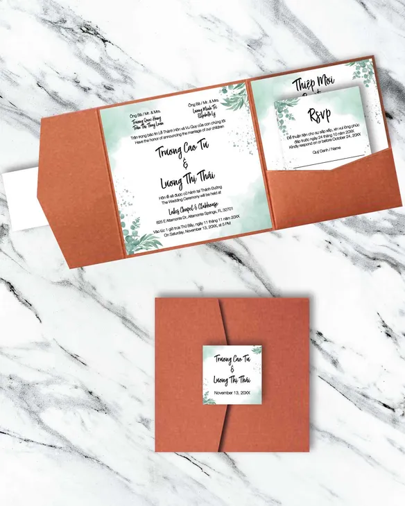 Mint Watercolor Floral 6 1/4 Square Himalaya Pocket Vietnamese & English Wedding Invitation