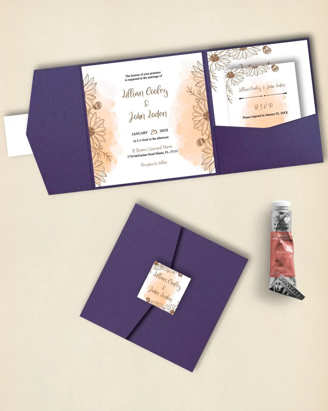 Watercolor and Daisies 6 1/4 Square Himalaya Pocket Wedding Invitation