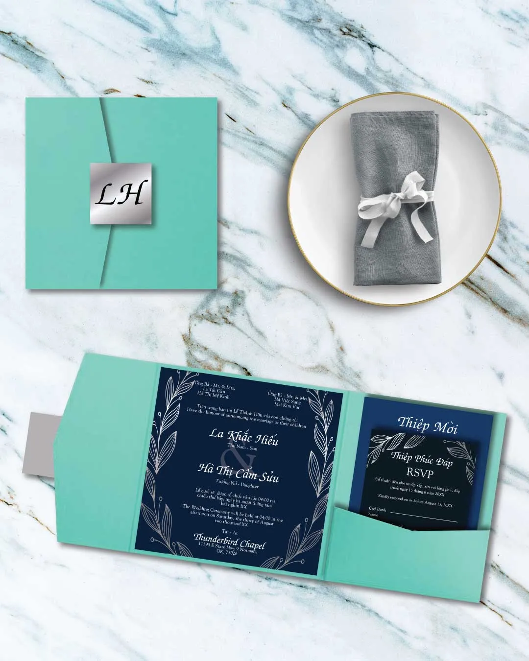 White Floral 6 1/4 Square Himalaya Pocket Vietnamese & English Wedding Invitation