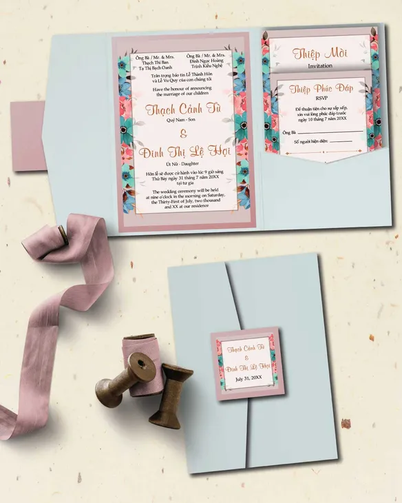 Colorful Garden Party A7 Himalaya Pocket Vietnamese & English Wedding Invitation