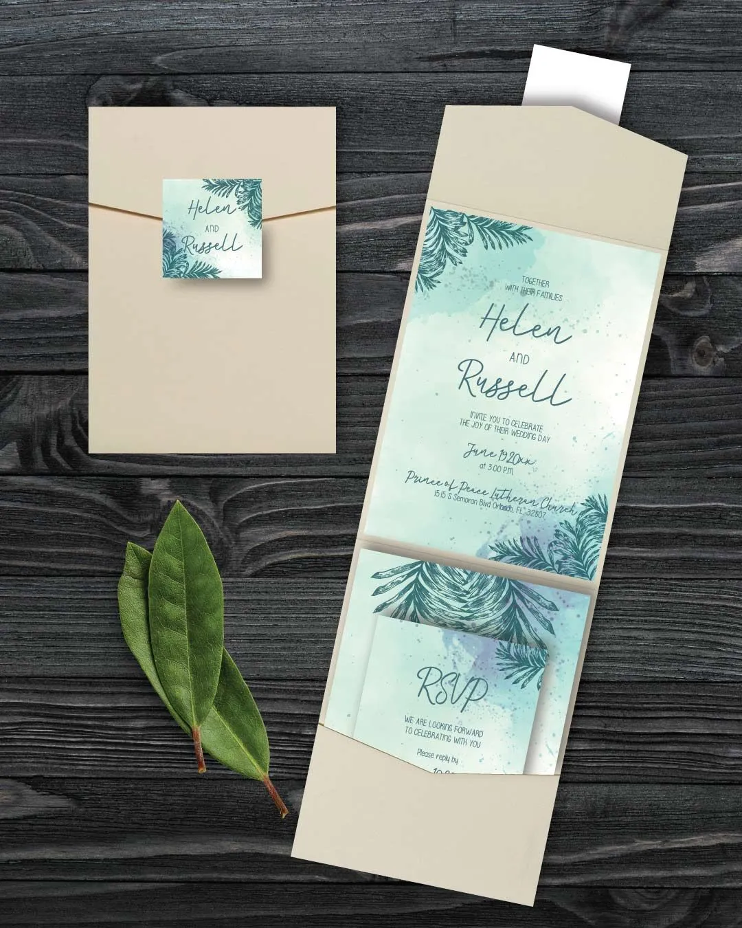 Summer with Tropical Leaves A7 Cascade Pocket Wedding Invitation