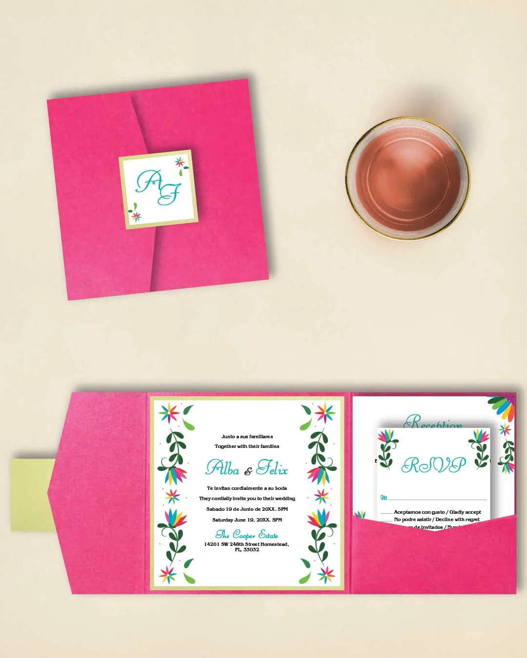 Mexican Flat Flowers 6 1/4 Square Himalaya Pocket Spanish & English Wedding Invitation