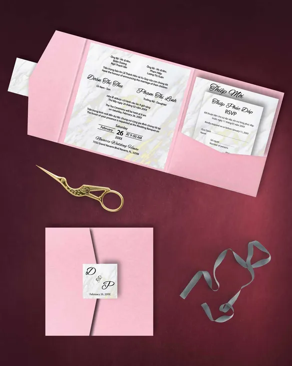 Elegant Marble 6 1/4 Square Himalaya Pocket Vietnamese & English Wedding Invitation