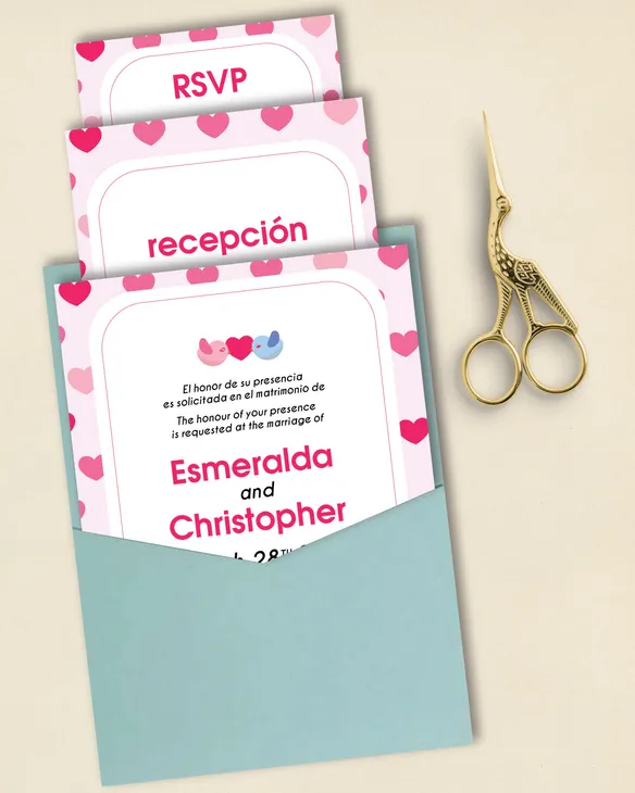 Frame Hearts A7 Denali Pocket Spanish & English Wedding Invitation