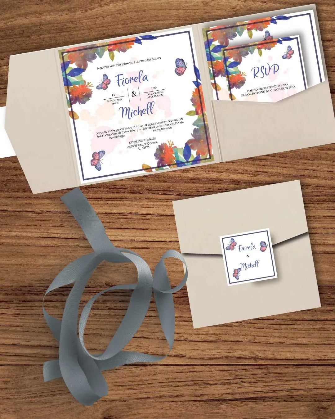 Garden Party 6 1/4 Square Himalaya Pocket Spanish & English Wedding Invitation