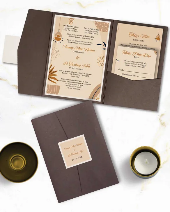 Boho Brown Tones A7 Himalaya Pocket Vietnamese & English Wedding Invitation