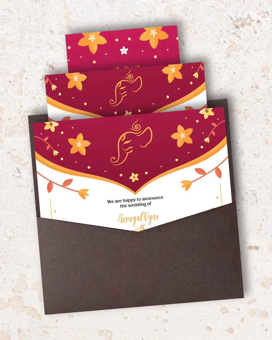 Spring Flowers and Elephant 6 1/4 Square Denali Pocket Wedding Invitation