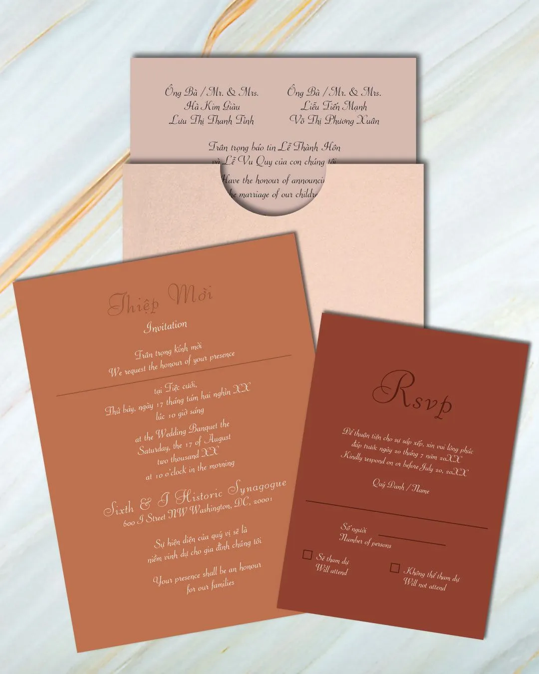Solid Warm Colors A7 Sleeve Pocket Vietnamese & English Wedding Invitation