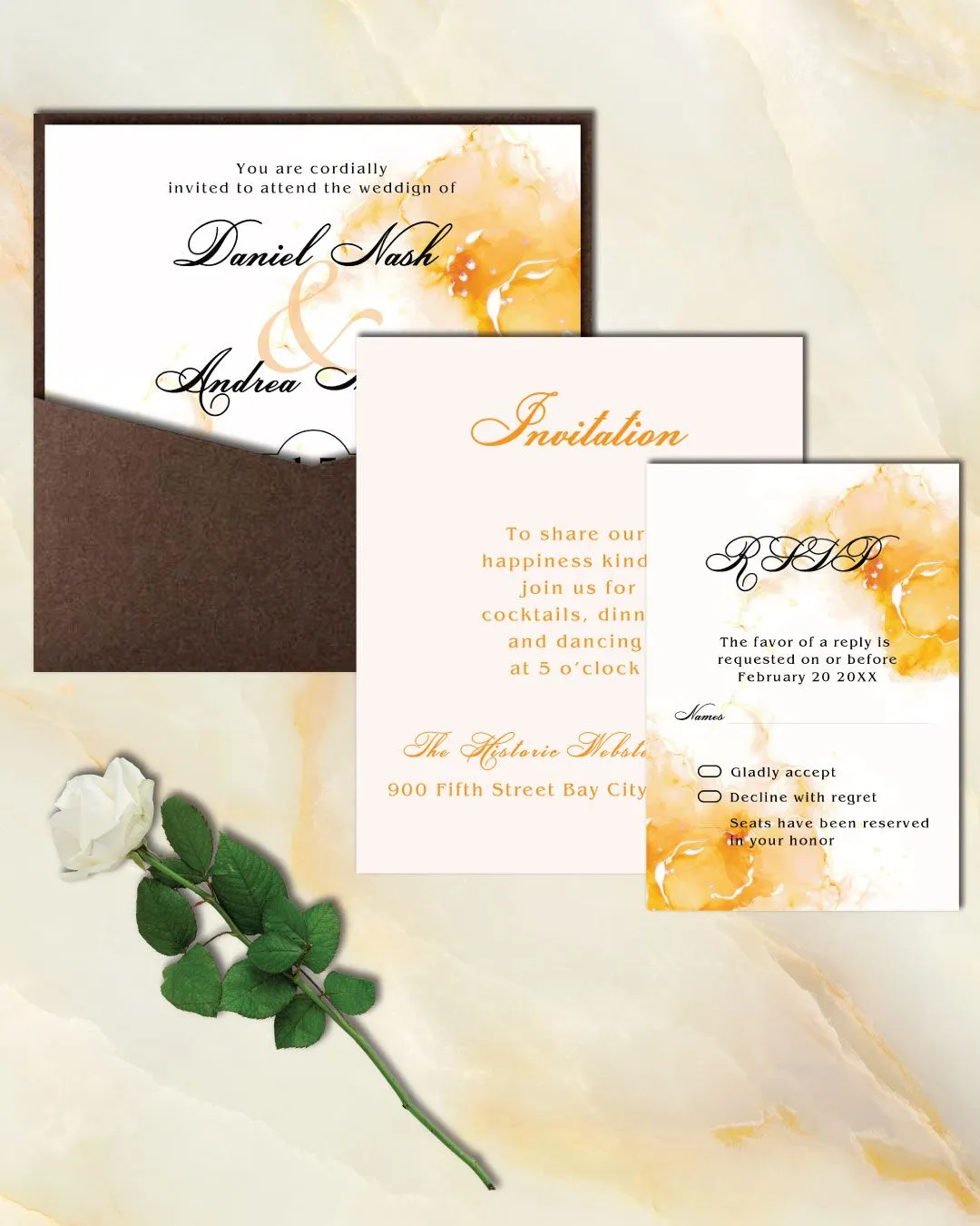 Yellow Watercolor Explosion 6 1/4 Square Denali Pocket Wedding Invitation