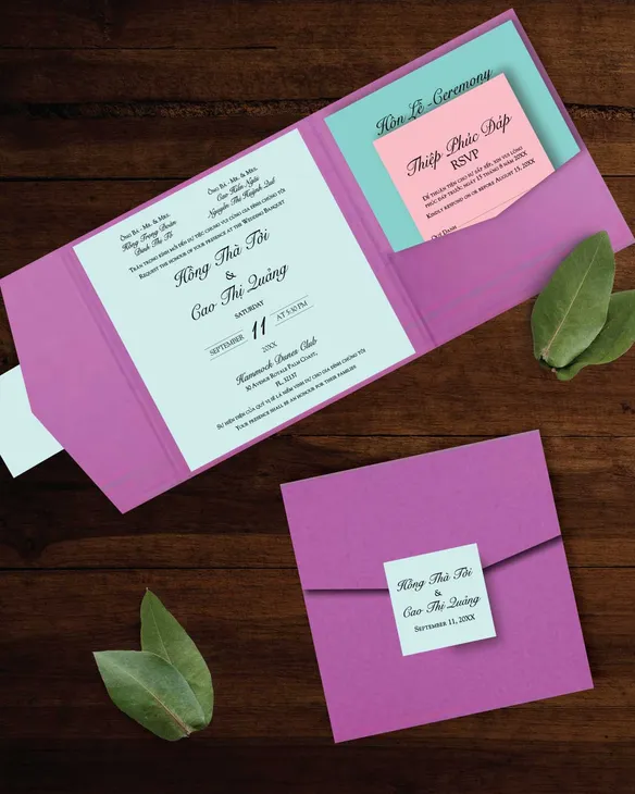 Different Colors 6 1/4 Square Himalaya Pocket Vietnamese & English Wedding Invitation