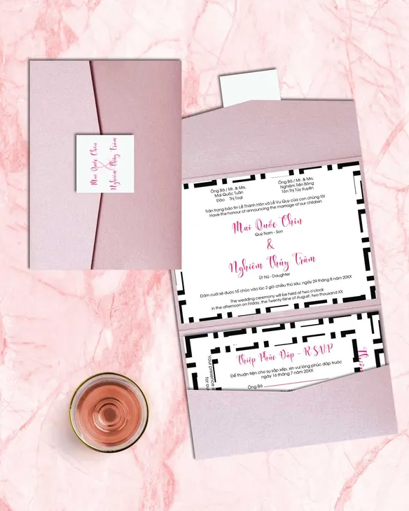 Black Striped Border A7 Atlas Pocket Vietnamese & English Wedding Invitation