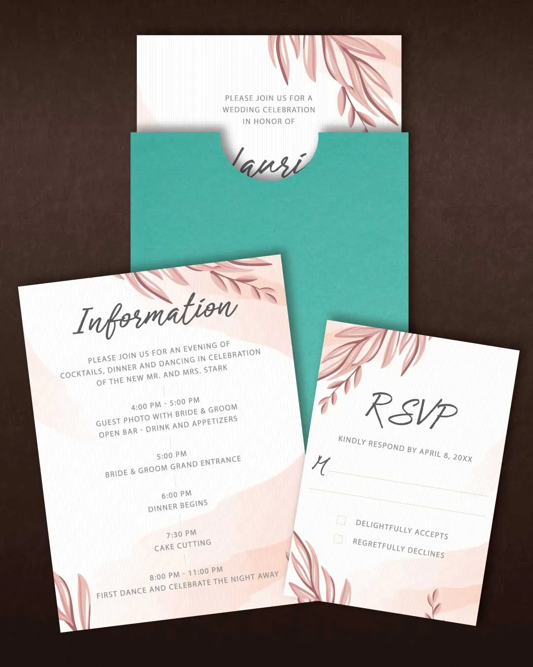 Pink Leaves Watercolors A7 Sleeve Pocket Wedding Invitation