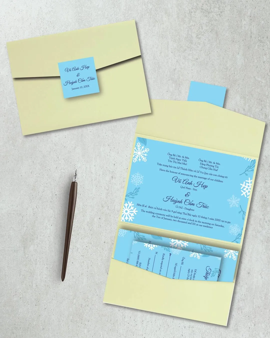 Winter and Snowflakes A7 Atlas Pocket Vietnamese & English Wedding Invitation