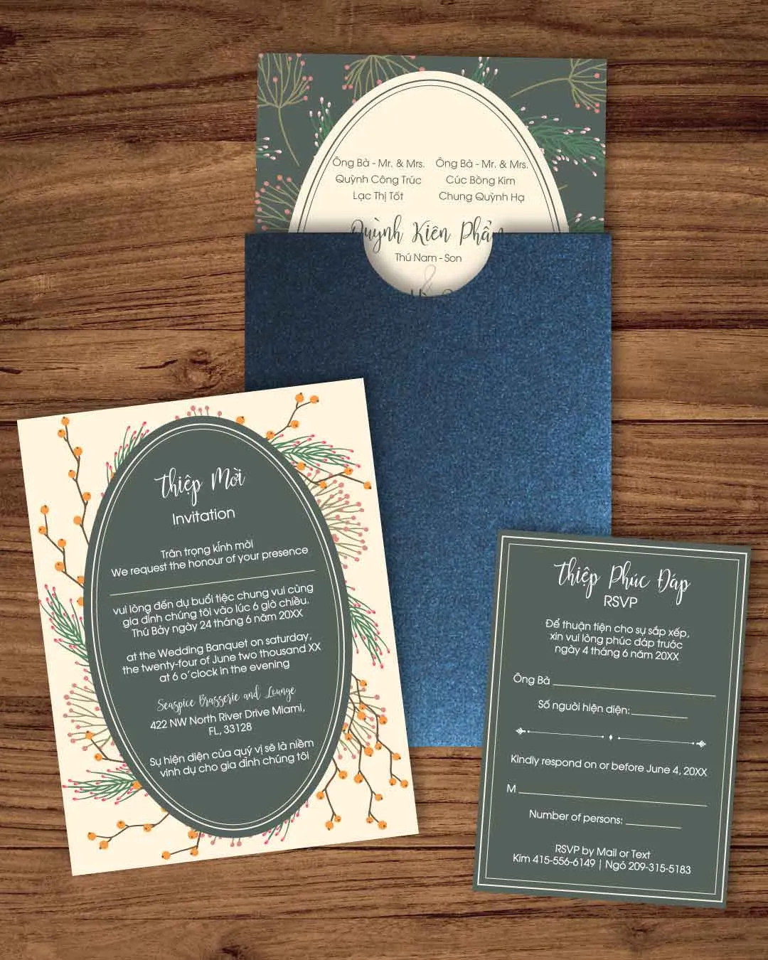 Leaves Green Oval A7 Sleeve Pocket Vietnamese & English Wedding Invitation