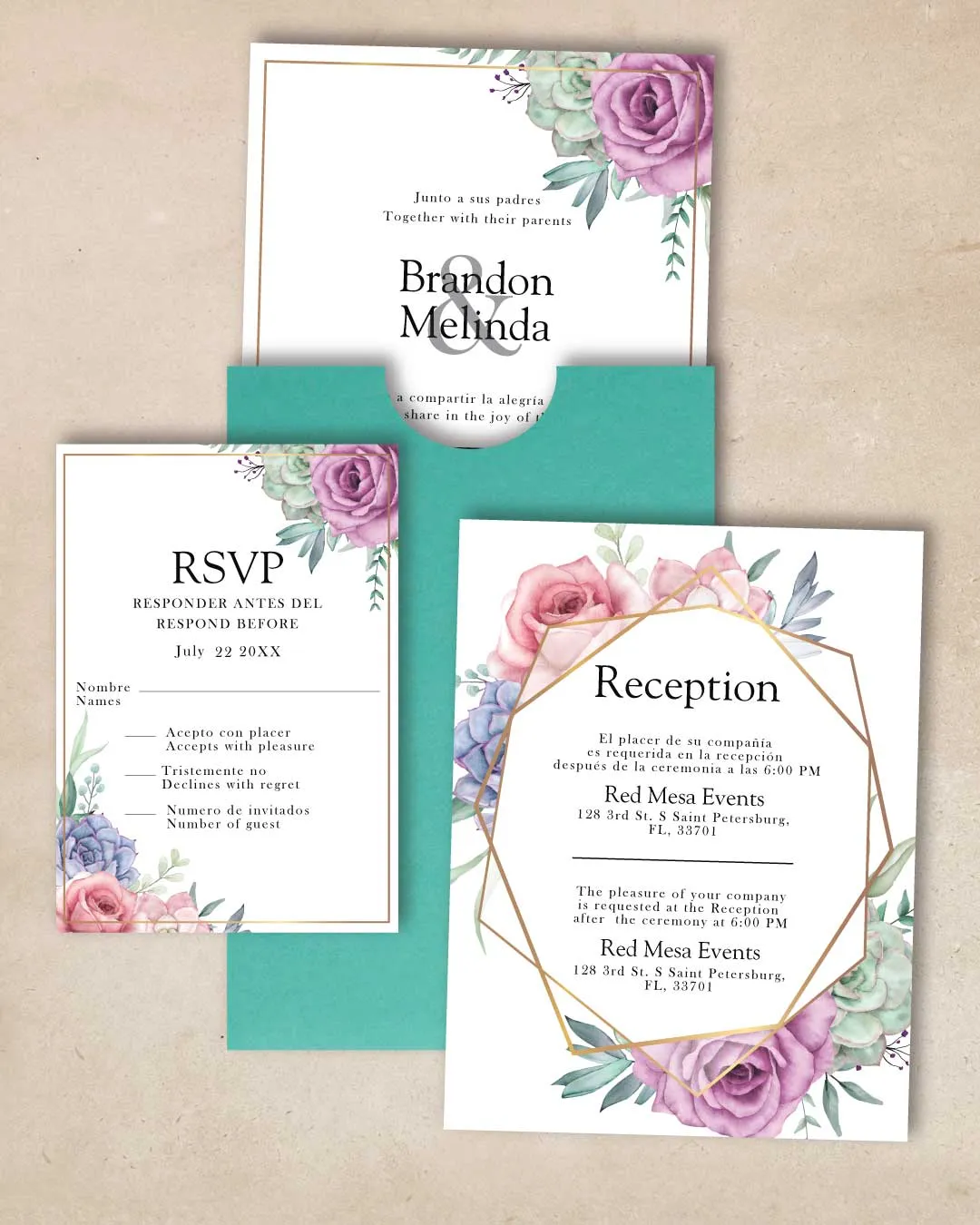 Roses Gold Frames A7 Sleeve Pocket Spanish & English Wedding Invitation