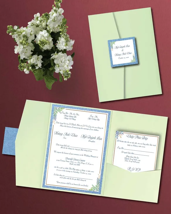 Gold Frame And Leaf A7 Himalaya Pocket Vietnamese & English Wedding Invitation