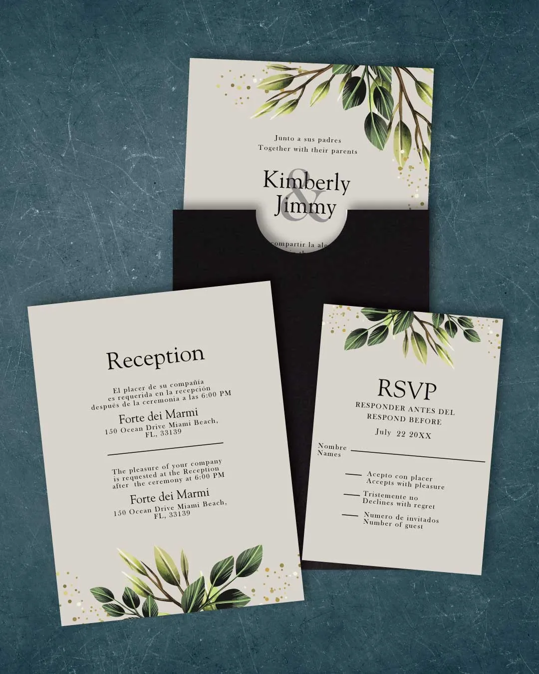 Beautiful Leaves Gray A7 Sleeve Pocket Spanish & English Wedding Invitation