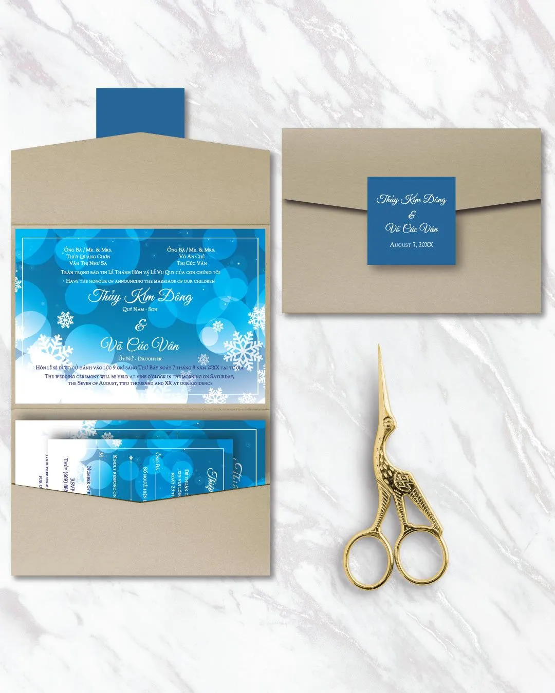 Winter Design Jeanne A7 Atlas Pocket Vietnamese & English Wedding Invitation