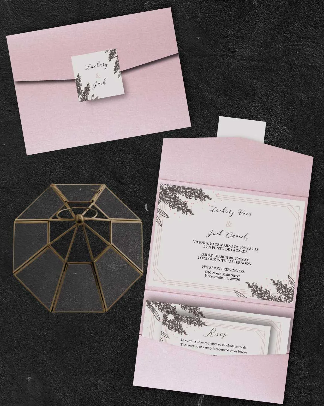 Gray Leaves A7 Atlas Pocket Spanish & English Wedding Invitation
