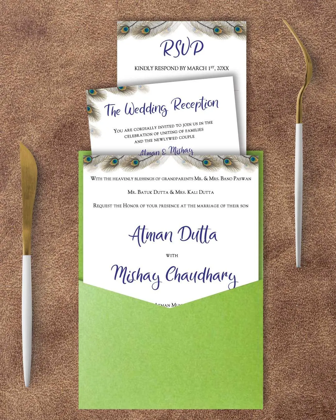 Peacock Feathers A7 Denali Pocket Wedding Invitation