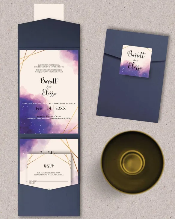 Watercolor with Stripes A7 Cascade Pocket Spanish & English Wedding Invitation