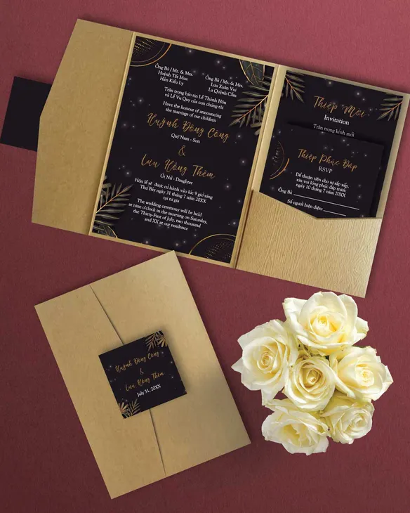 Realistic Golden Luxury A7 Himalaya Pocket Vietnamese & English Wedding Invitation