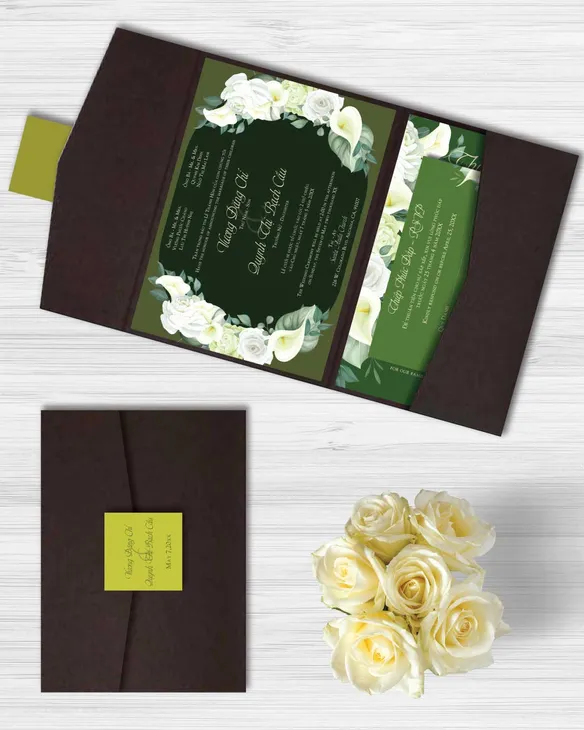 Floral Theme Green Frame A7 Atlas Pocket Vietnamese & English Wedding Invitation