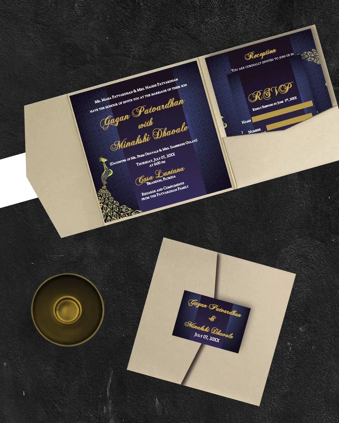 Indian Peacock Gold 6 1/4 Square Himalaya Pocket Wedding Invitation