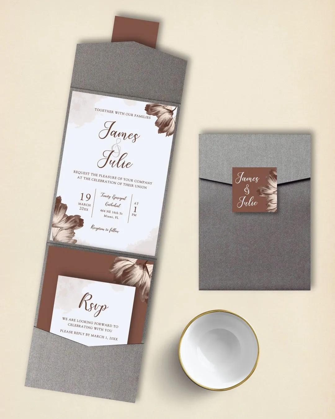 Brown Magnolia Flower A7 Cascade Pocket Wedding Invitation