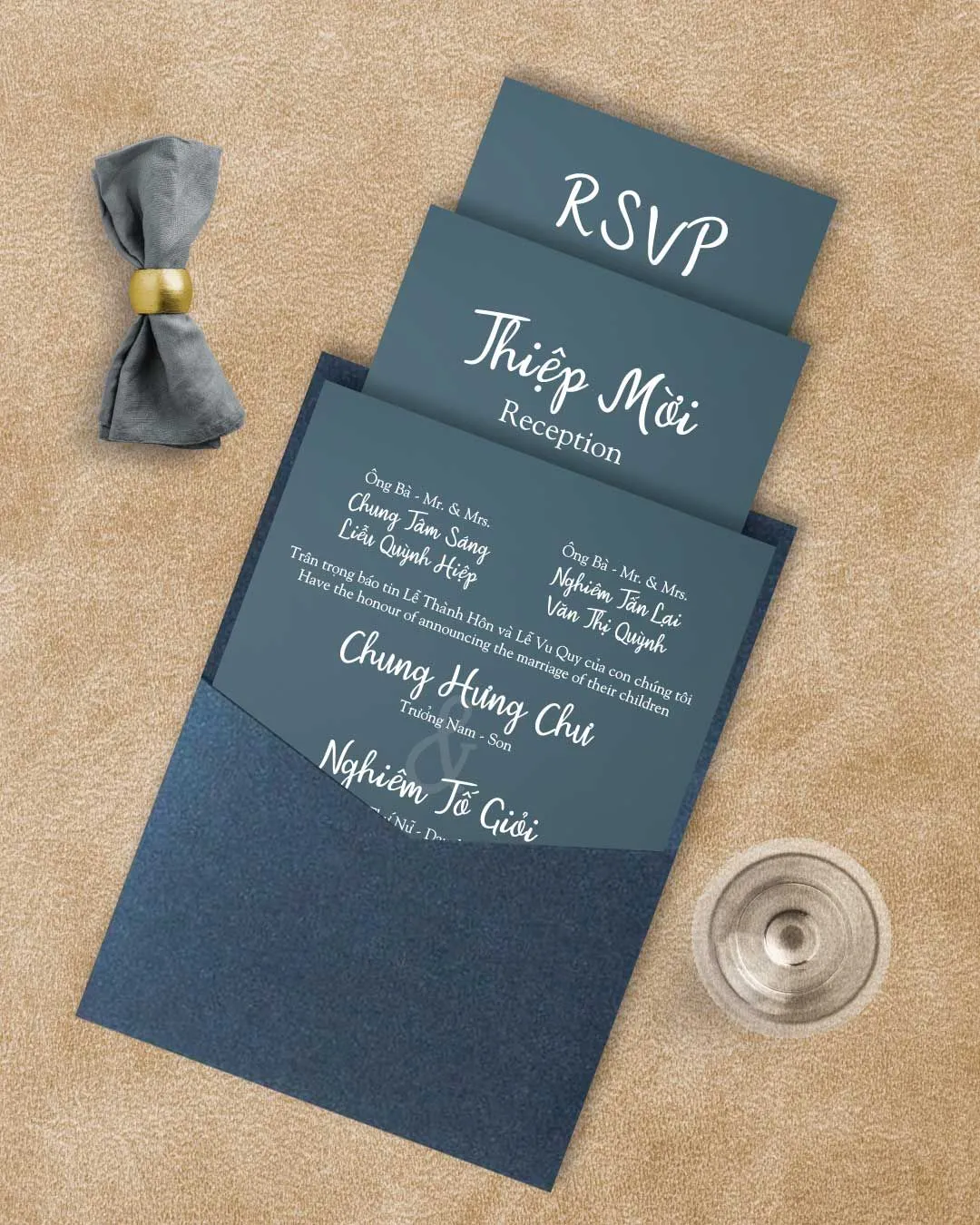 Simple Blue Cement A7 Denali Pocket Vietnamese & English Wedding Invitation