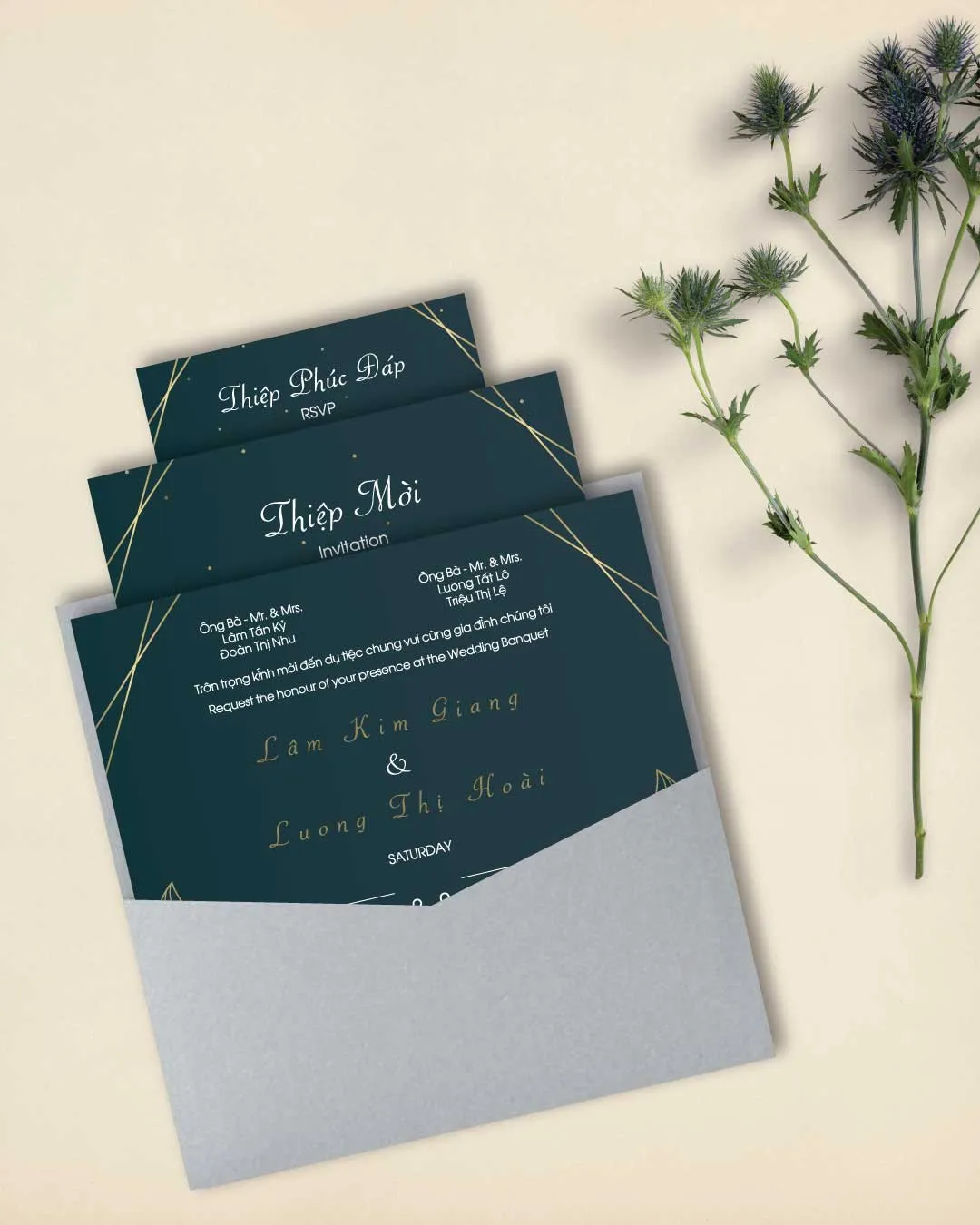 Abstract Stripes and dots 6 1/4 Square Denali Pocket Vietnamese & English Wedding Invitation