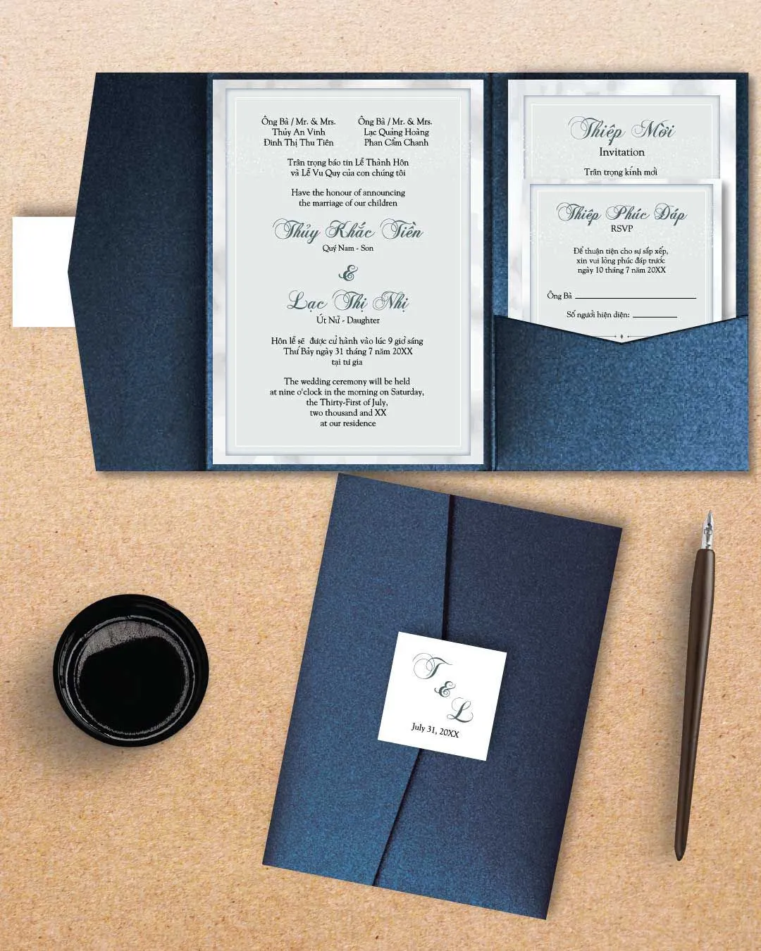 Elegant Style Marble A7 Himalaya Pocket Vietnamese & English Wedding Invitation
