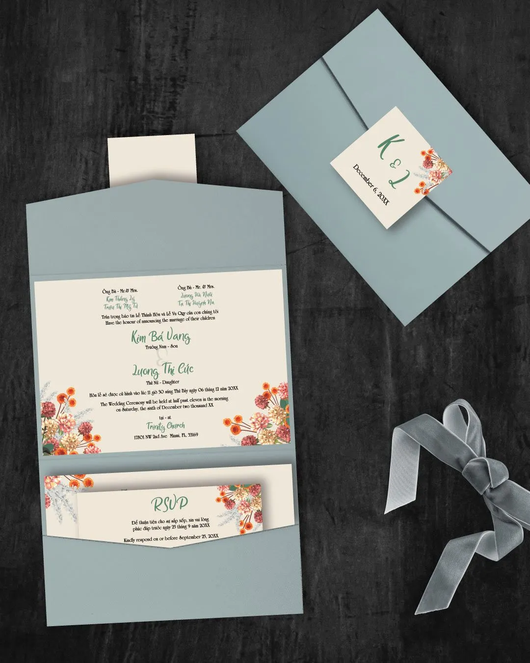 Orange and Pink Flowers A7 Atlas Pocket Vietnamese & English Wedding Invitation