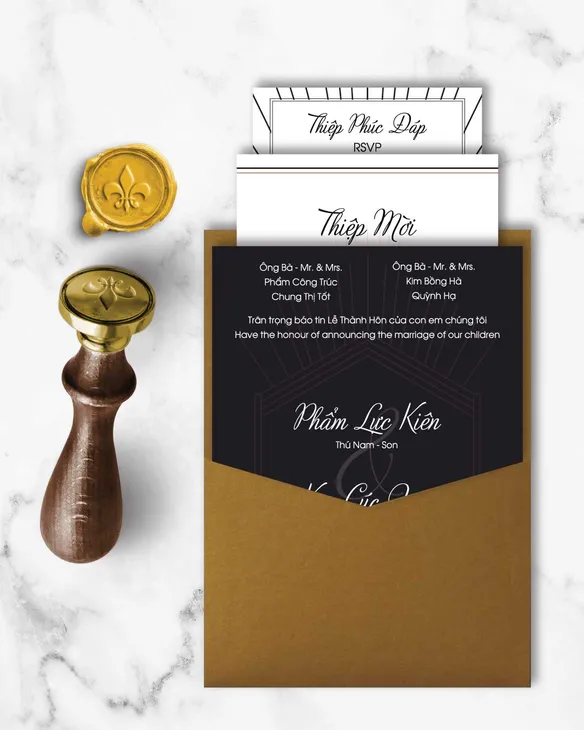 Geometric Gatsby Design A7 Denali Pocket Vietnamese & English Wedding Invitation