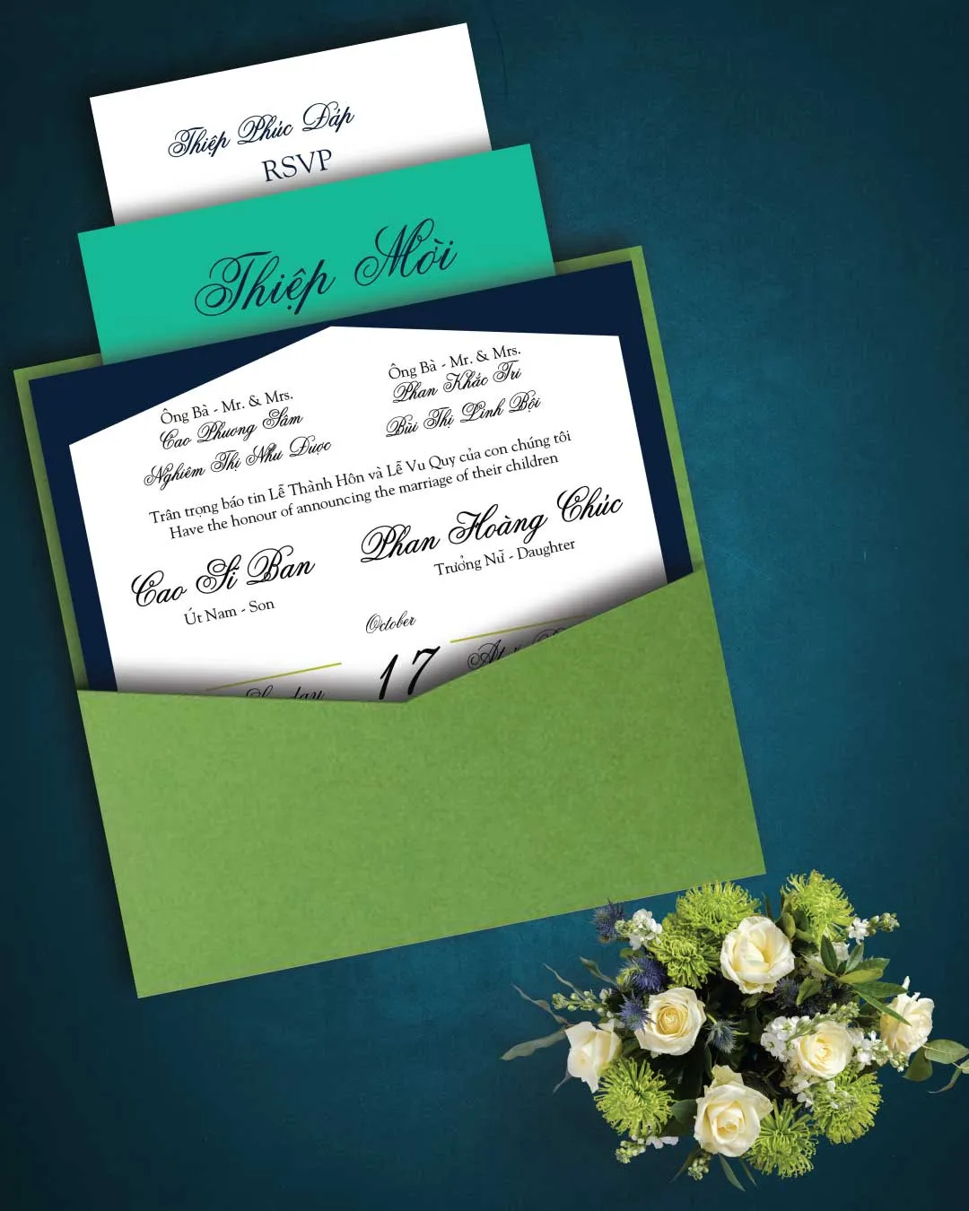 Blue and Green 6 1/4 Square Denali Pocket Vietnamese & English Wedding Invitation